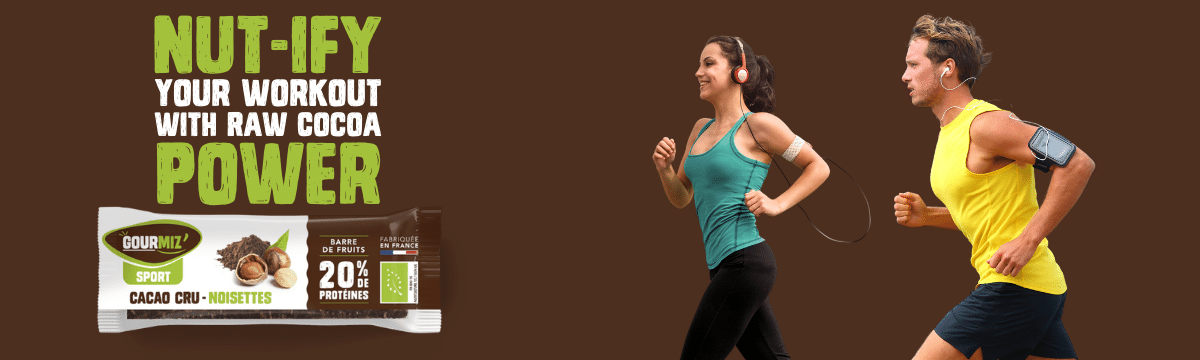 A young woman and a young man are running while listening to music. It says Nut-ify your workout with raw cocoa power